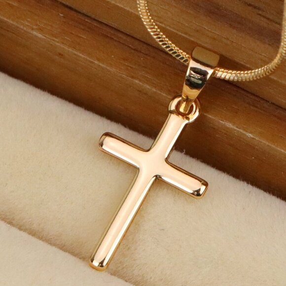 "Minimalist Rose Gold Cross Pendant in Smooth Finish, XPPT1834 - Picture 1 of 13
